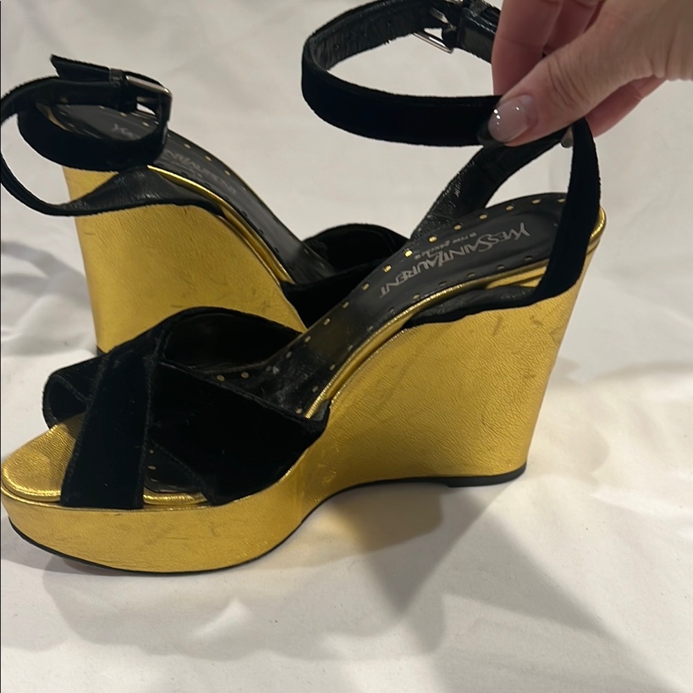 Yves Saint Laurent Black And Gold Wedge Sandal